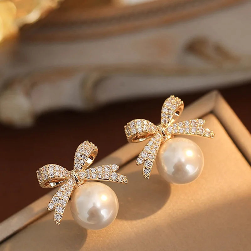 Luxury Bow Pearl Stud Earrings with Rhinestones – Women’s Elegant Jewelry
