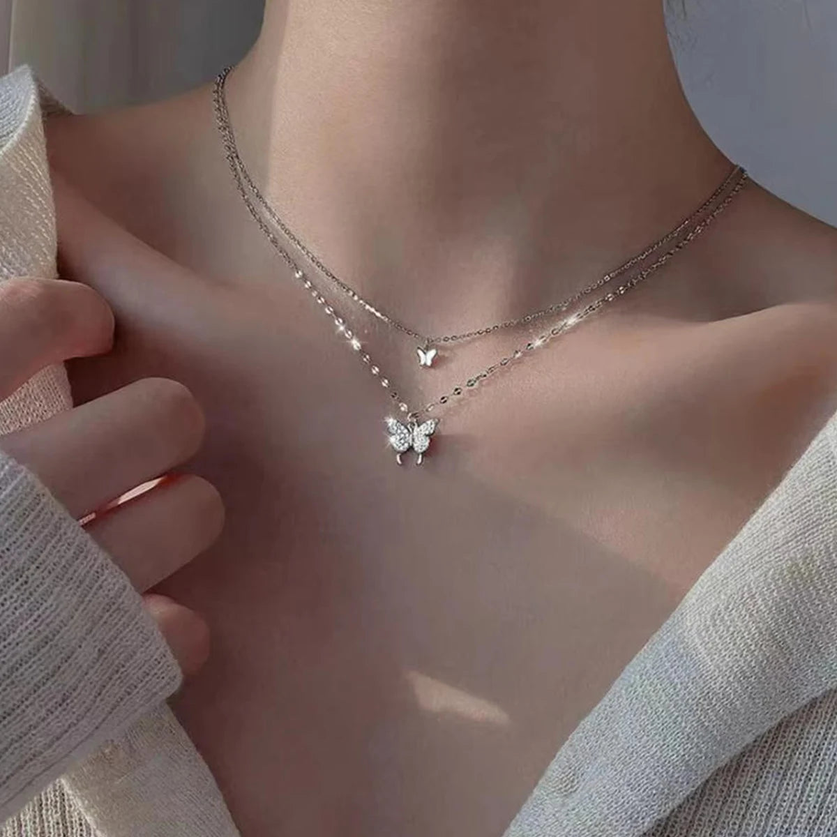 Double Layer Butterfly Necklace – Sparkling Collar Chain Jewelry for Women
