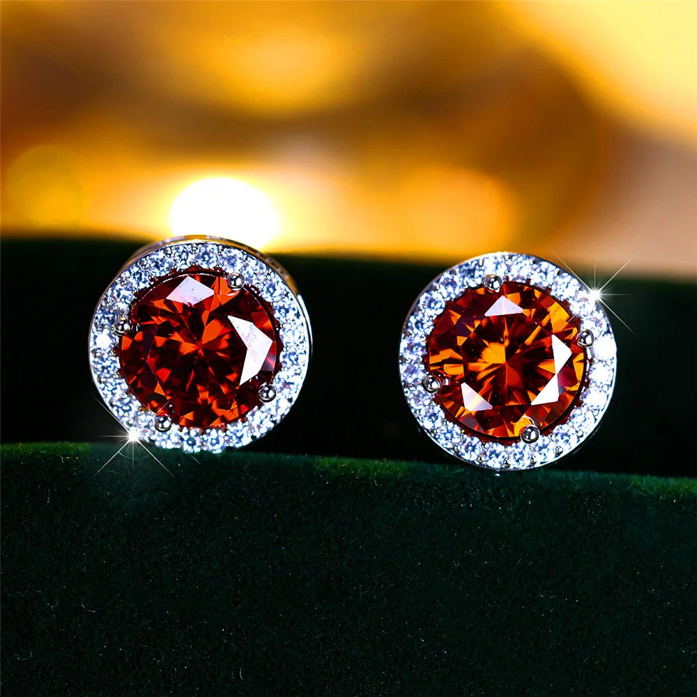 Men’s Luxury Crystal Round Stud Earrings – Silver Color, Purple/Blue/Green