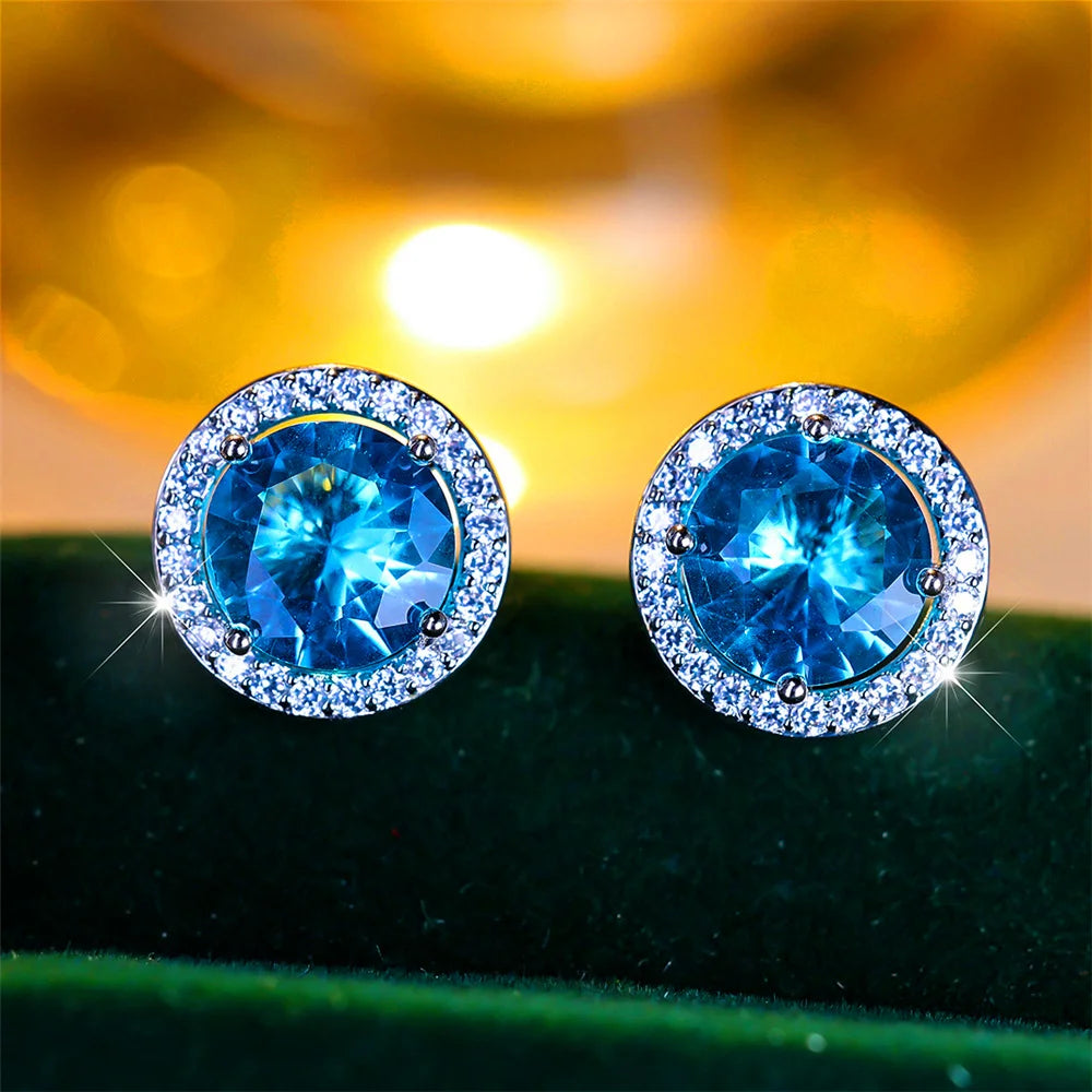 Men’s Luxury Crystal Round Stud Earrings – Silver Color, Purple/Blue/Green