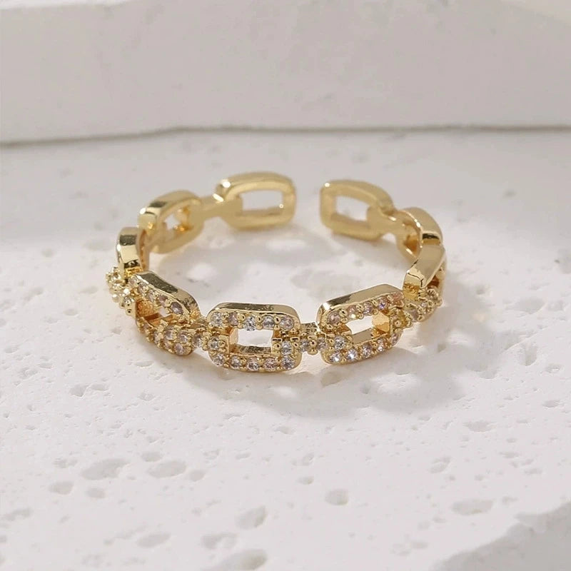 Zircon Twist Chain Open Ring – Gold & Silver Elegant Ring for Women