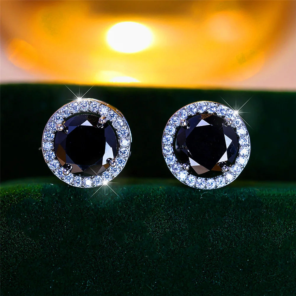 Men’s Luxury Crystal Round Stud Earrings – Silver Color, Purple/Blue/Green