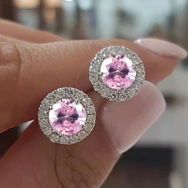 Men’s Luxury Crystal Round Stud Earrings – Silver Color, Purple/Blue/Green