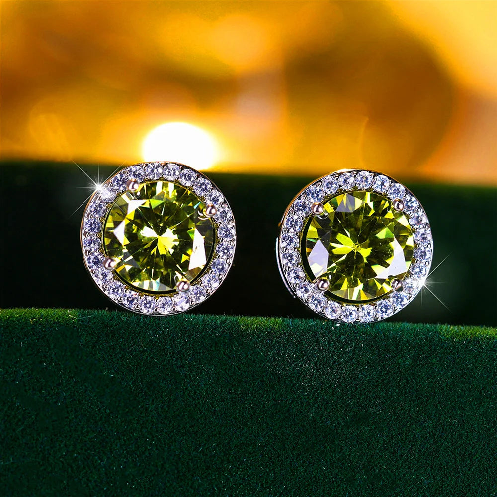 Men’s Luxury Crystal Round Stud Earrings – Silver Color, Purple/Blue/Green
