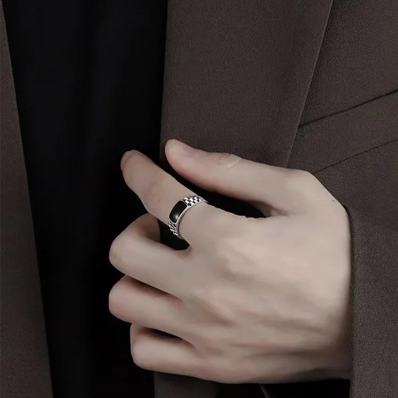 Men’s Silver-Plated Vintage Drip Glazed Ring – High-End Geometric Design