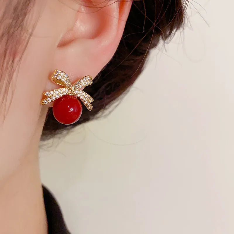 Luxury Bow Pearl Stud Earrings with Rhinestones – Women’s Elegant Jewelry