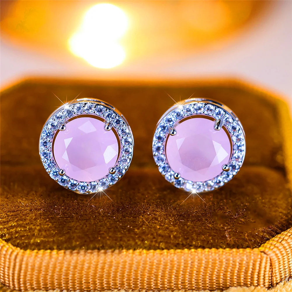 Men’s Luxury Crystal Round Stud Earrings – Silver Color, Purple/Blue/Green