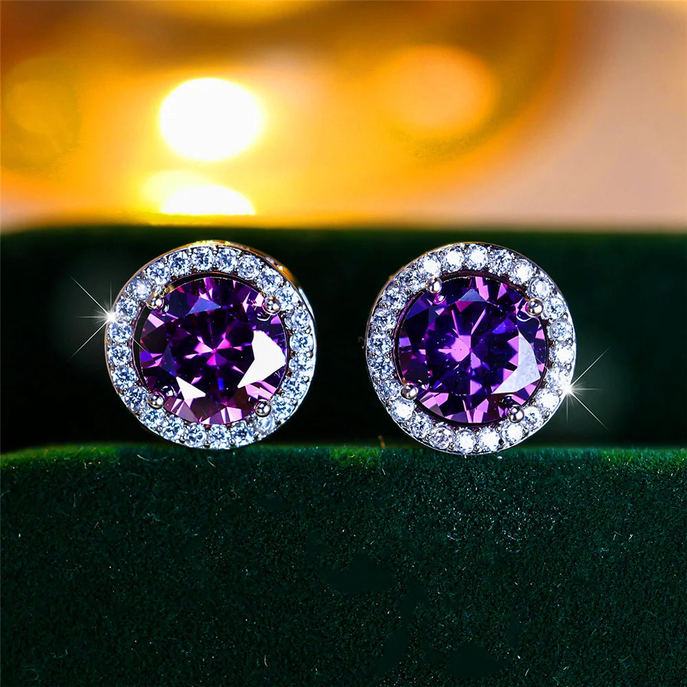 Men’s Luxury Crystal Round Stud Earrings – Silver Color, Purple/Blue/Green
