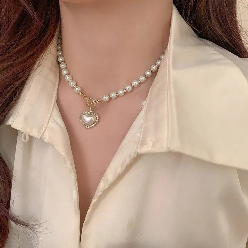 Elegant Pearl Heart Pendant Necklace – Women’s Luxury Imitation Pearl Chain