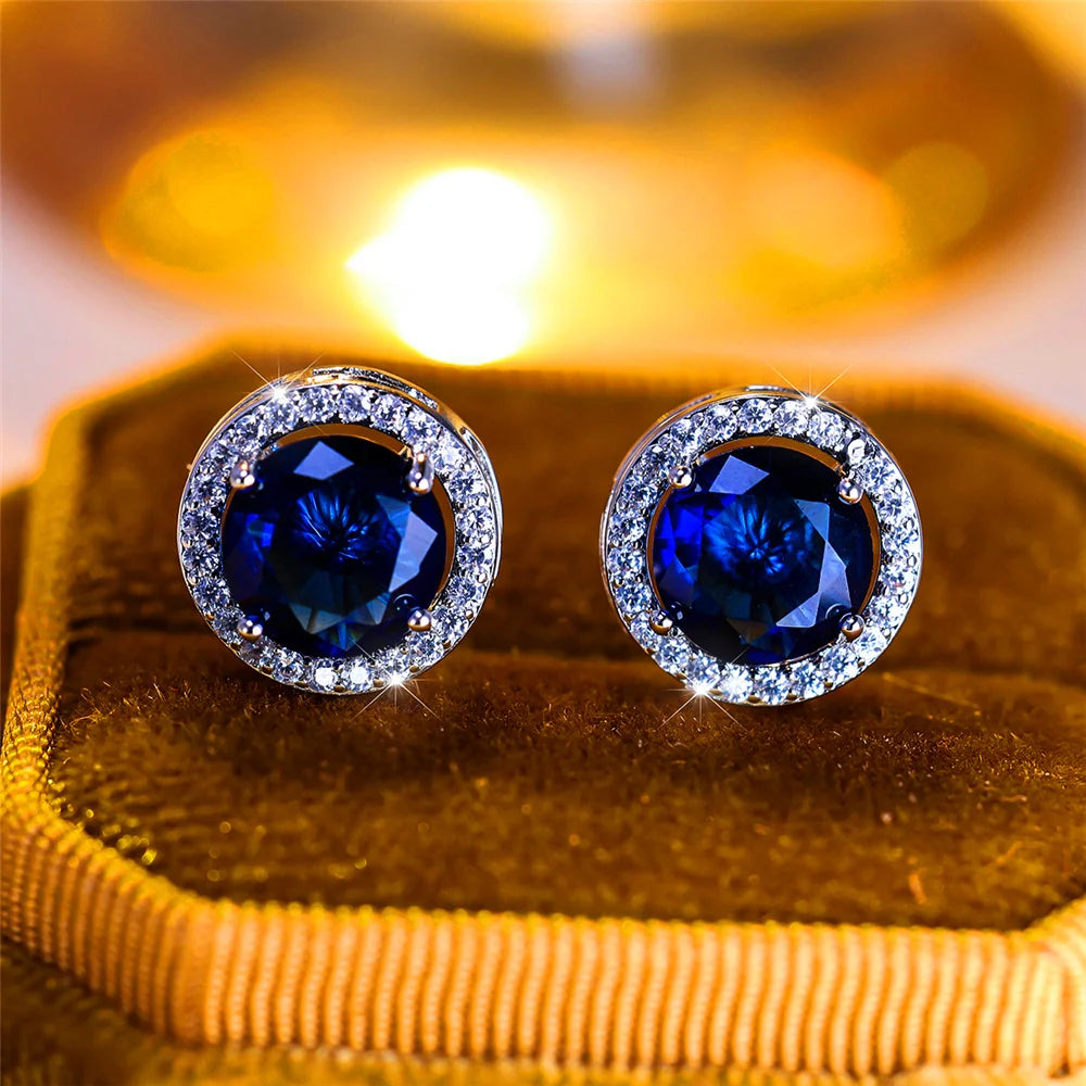 Men’s Luxury Crystal Round Stud Earrings – Silver Color, Purple/Blue/Green