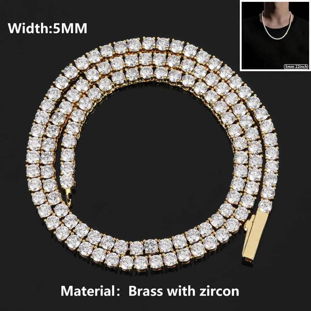 Iced Out Tennis Chain Necklace – 18K Gold Plated Hip Hop Jewelry with Cubic Zirconia