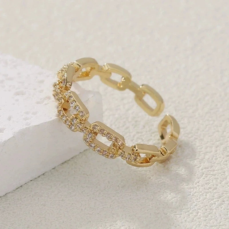 Zircon Twist Chain Open Ring – Gold & Silver Elegant Ring for Women