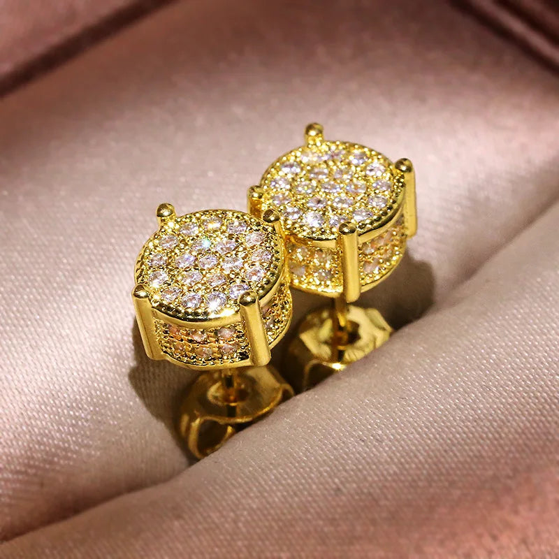 Men’s Luxury Gold CZ Round Stud Earrings – Hip Hop Style