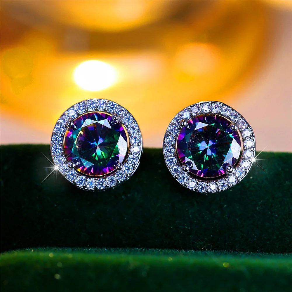 Men’s Luxury Crystal Round Stud Earrings – Silver Color, Purple/Blue/Green