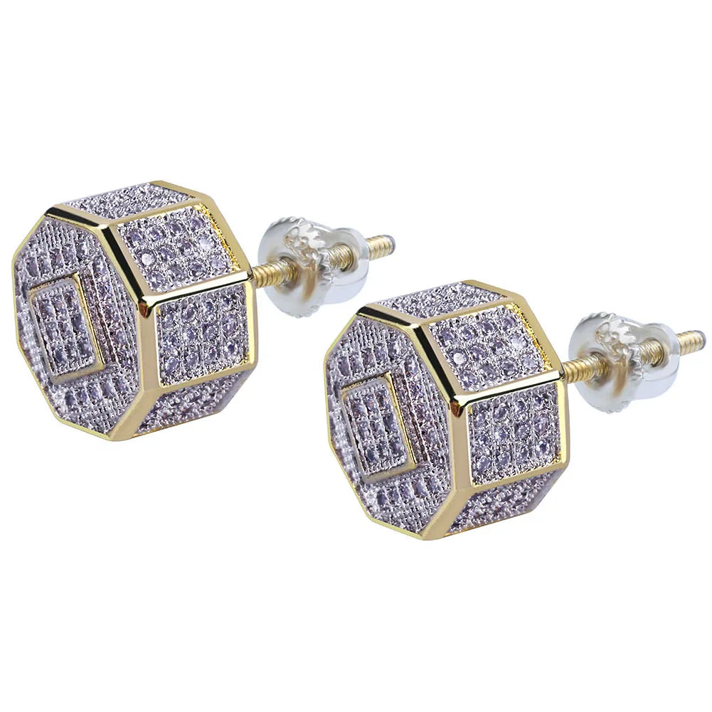 Men’s Luxury Gold CZ Round Stud Earrings – Hip Hop Style
