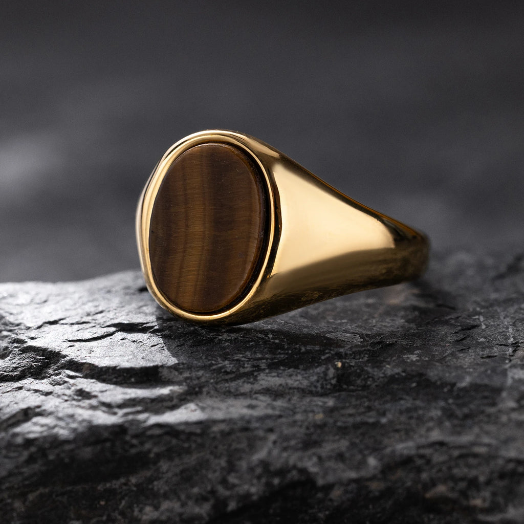 Men’s Retro Black Agate & Tiger Eye Stone Ring – 316L Stainless Steel