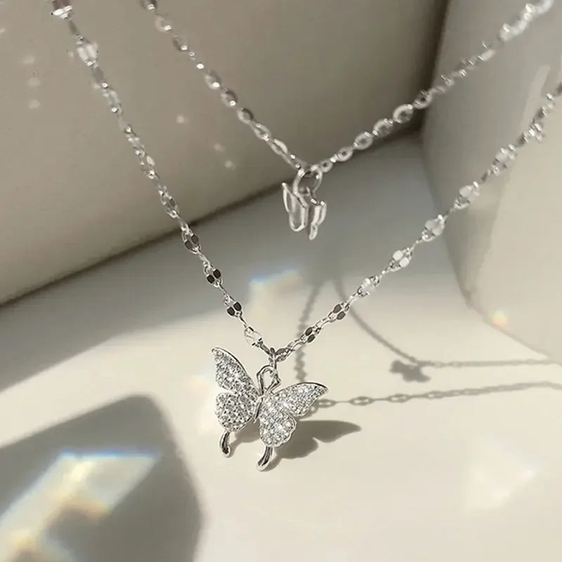Double Layer Butterfly Necklace – Sparkling Collar Chain Jewelry for Women