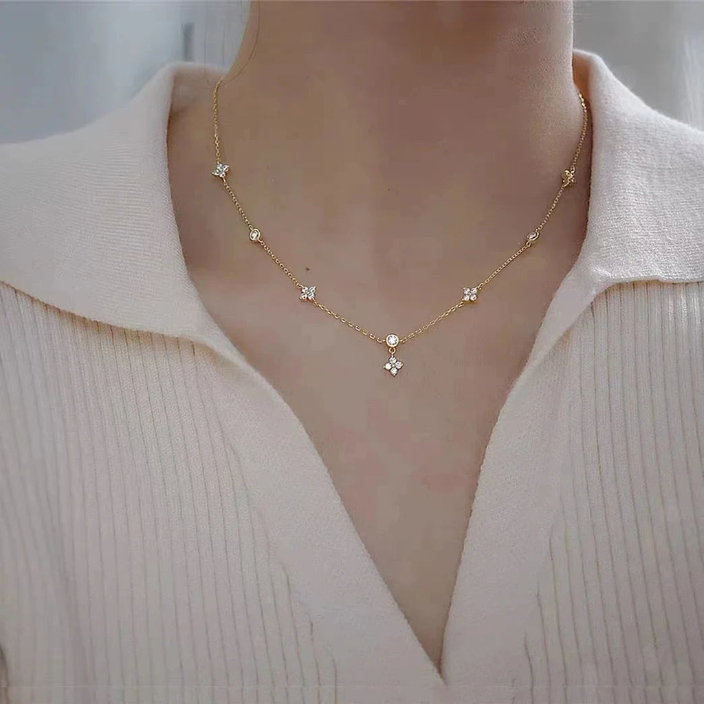 Four-Leaf Flower Zircon Chain Necklace – Women’s Light Luxury Choker