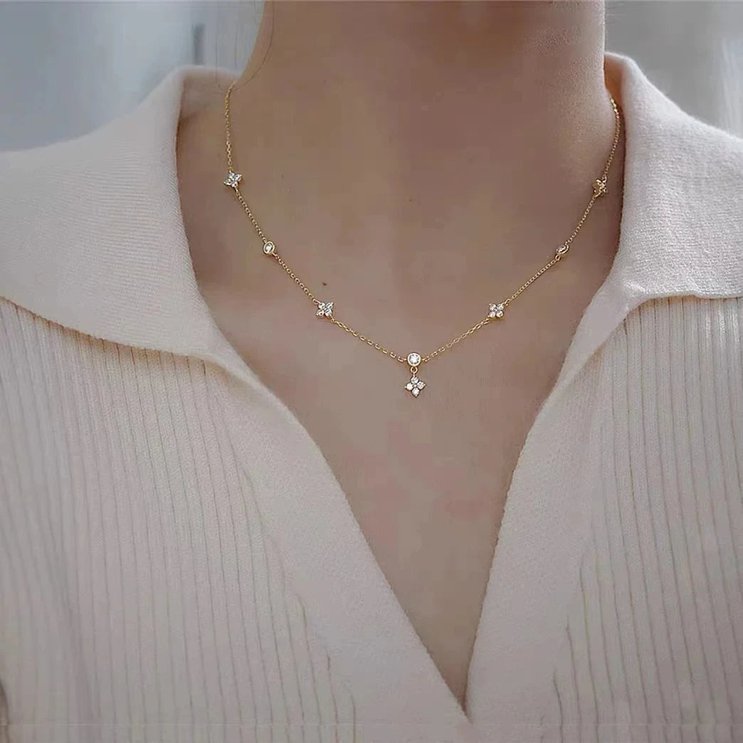 Four-Leaf Flower Zircon Chain Necklace – Women’s Light Luxury Choker