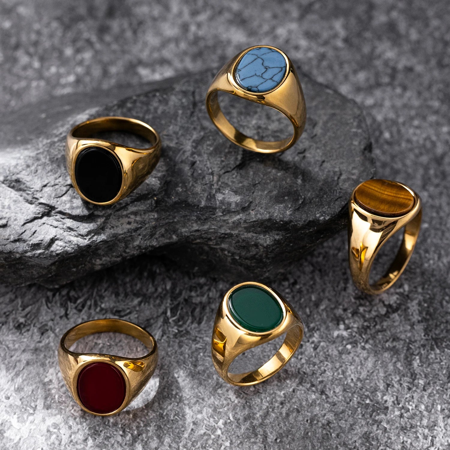 Men’s Retro Black Agate & Tiger Eye Stone Ring – 316L Stainless Steel