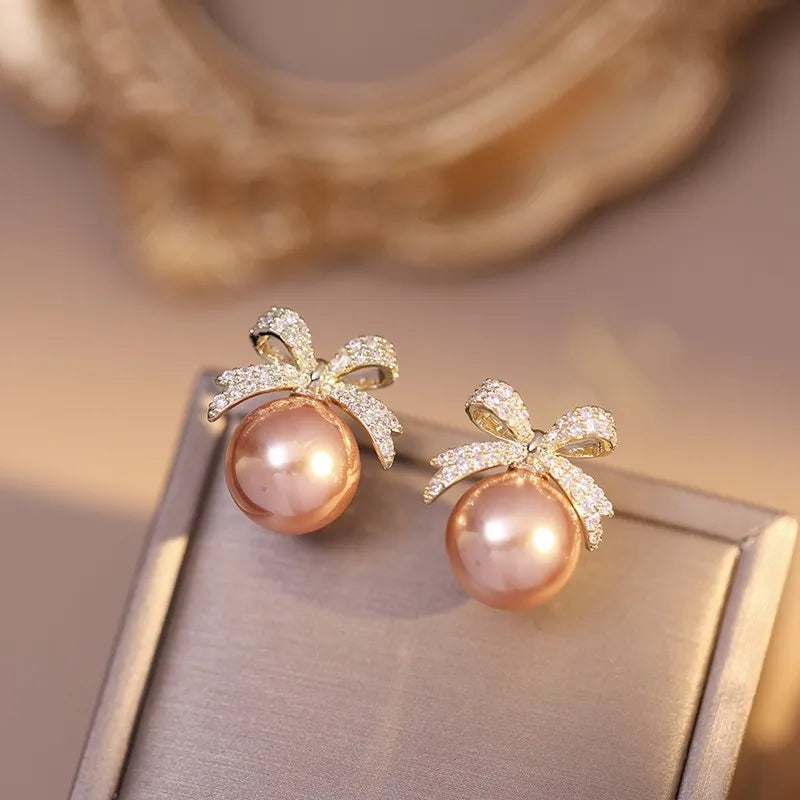 Luxury Bow Pearl Stud Earrings with Rhinestones – Women’s Elegant Jewelry