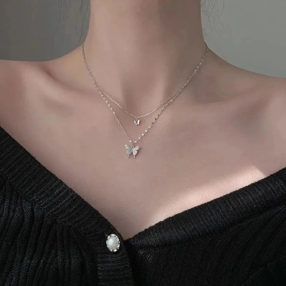 Double Layer Butterfly Necklace – Sparkling Collar Chain Jewelry for Women