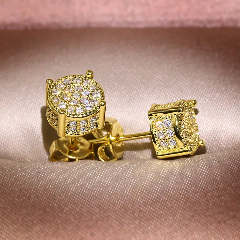 Men’s Luxury Gold CZ Round Stud Earrings – Hip Hop Style