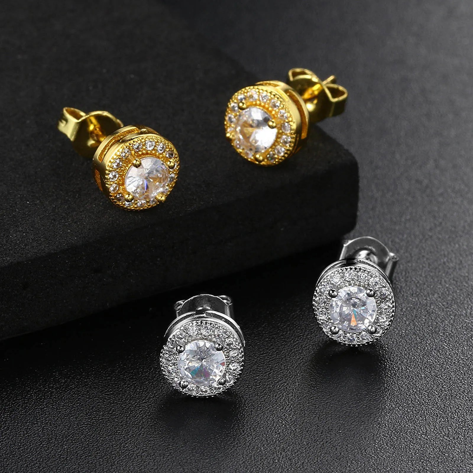 Men’s Luxury CZ Stone Stud Earrings – Gold Color, Perfect Gift