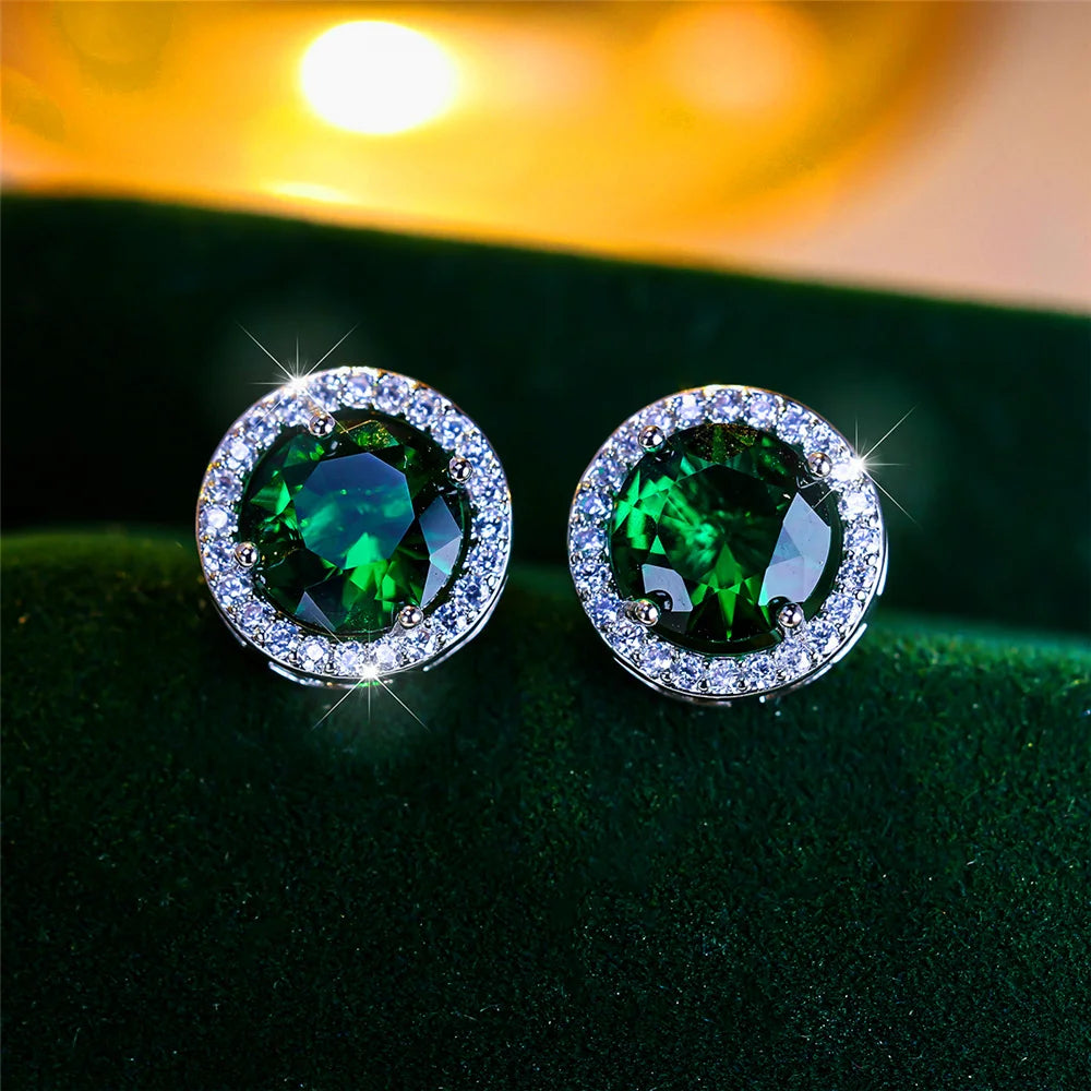 Men’s Luxury Crystal Round Stud Earrings – Silver Color, Purple/Blue/Green