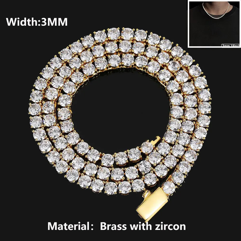 Iced Out Tennis Chain Necklace – 18K Gold Plated Hip Hop Jewelry with Cubic Zirconia