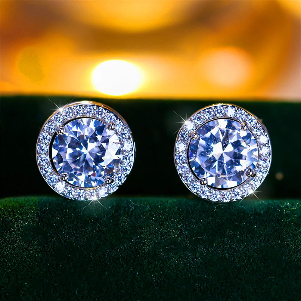 Men’s Luxury Crystal Round Stud Earrings – Silver Color, Purple/Blue/Green