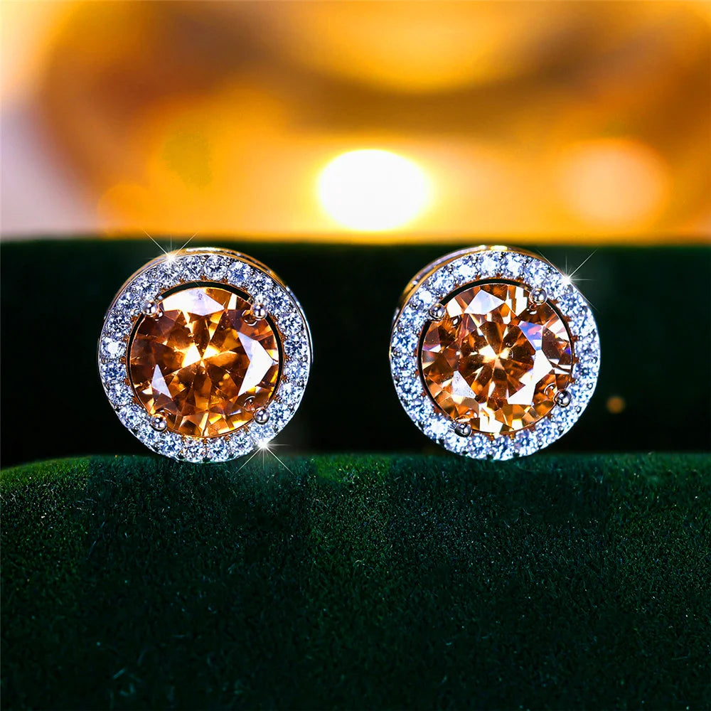 Men’s Luxury Crystal Round Stud Earrings – Silver Color, Purple/Blue/Green