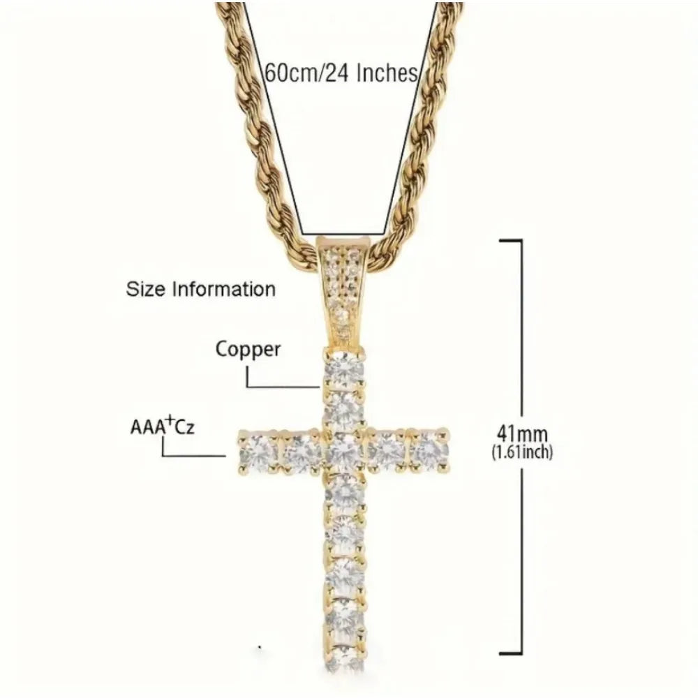Men’s 60cm Twisted Chain Necklace – Luxury Cubic Zirconia Cross Pendant