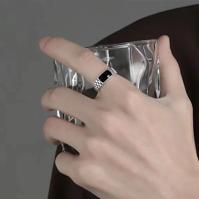 Men’s Silver-Plated Vintage Drip Glazed Ring – High-End Geometric Design
