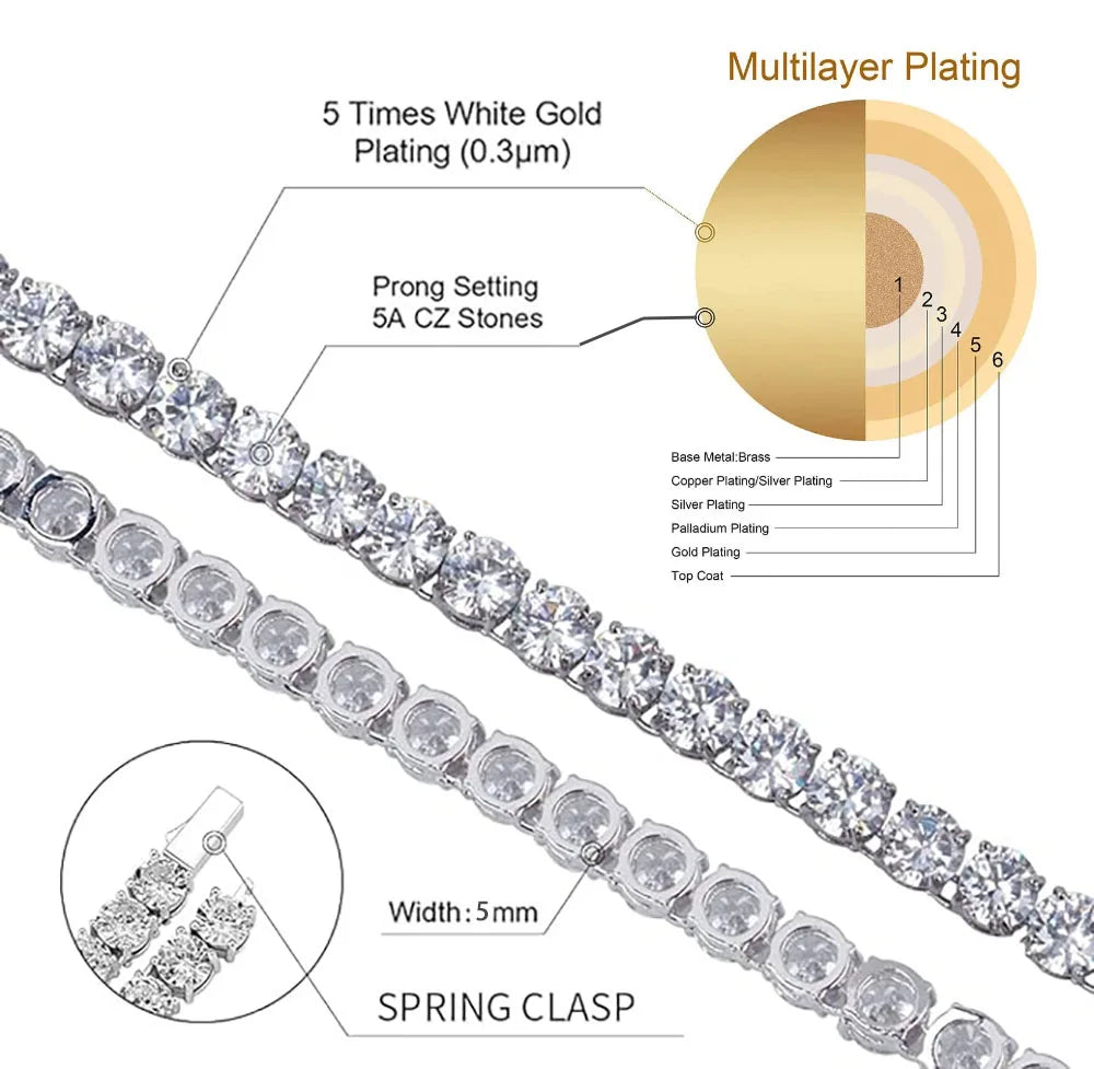 Iced Out Tennis Chain Necklace – 18K Gold Plated Hip Hop Jewelry with Cubic Zirconia