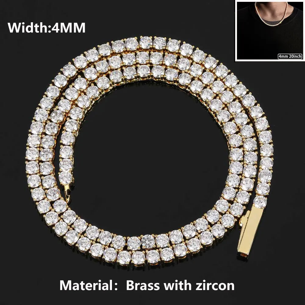 Iced Out Tennis Chain Necklace – 18K Gold Plated Hip Hop Jewelry with Cubic Zirconia