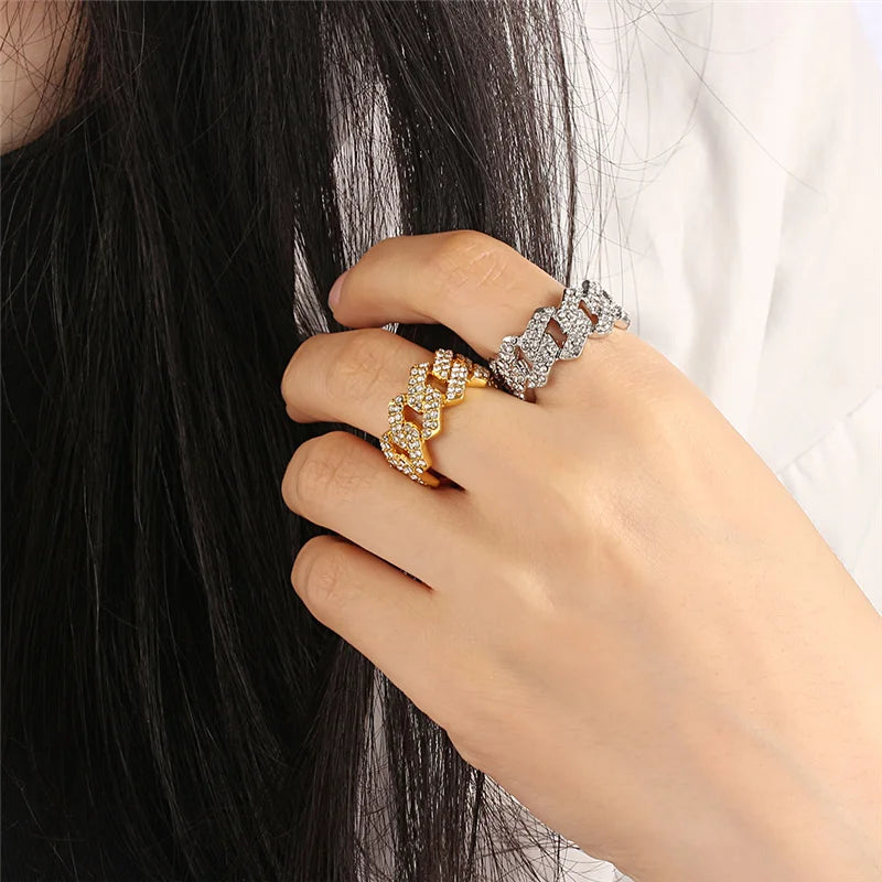 Iced Out Cuban Link Chain Ring – Gold Plated Hip Hop Jewelry with CZ Zircon