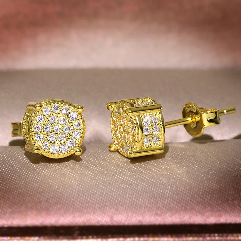 Men’s Luxury Gold CZ Round Stud Earrings – Hip Hop Style